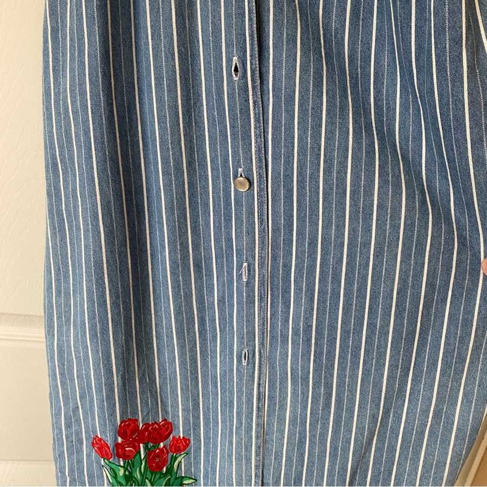 Vintage Denim Sleeveless Dress Midi Front Button Denim Flower Garden M - Picture 12 of 16